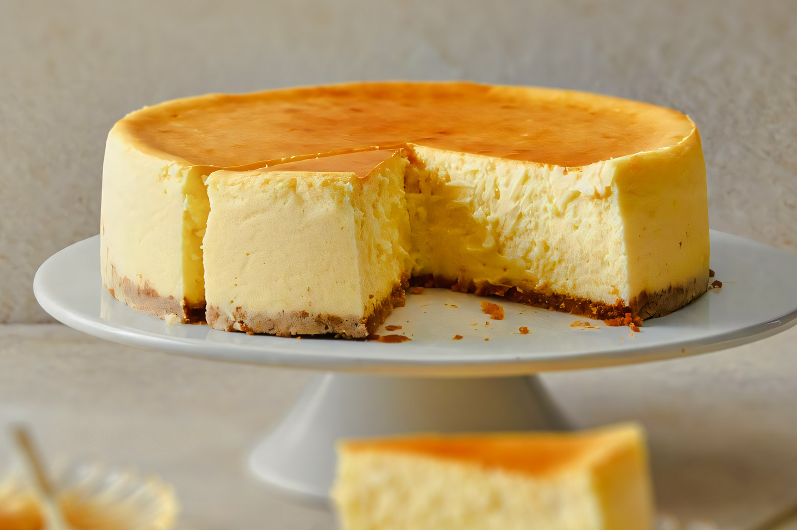 Whole classic baked cheesecake on a cake stand with a slice removed, revealing its thick creamy interior and golden top.