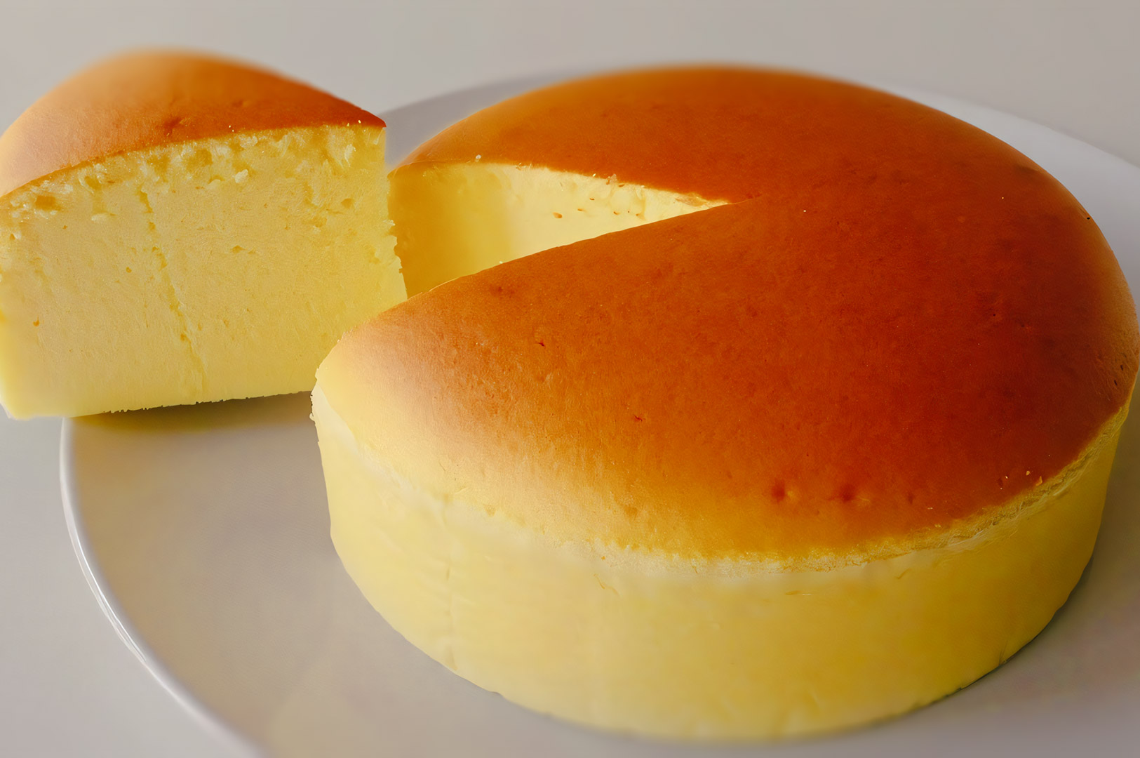 Fluffy Japanese cotton cheesecake with a smooth golden-brown top and one slice removed, displayed on a white plate.