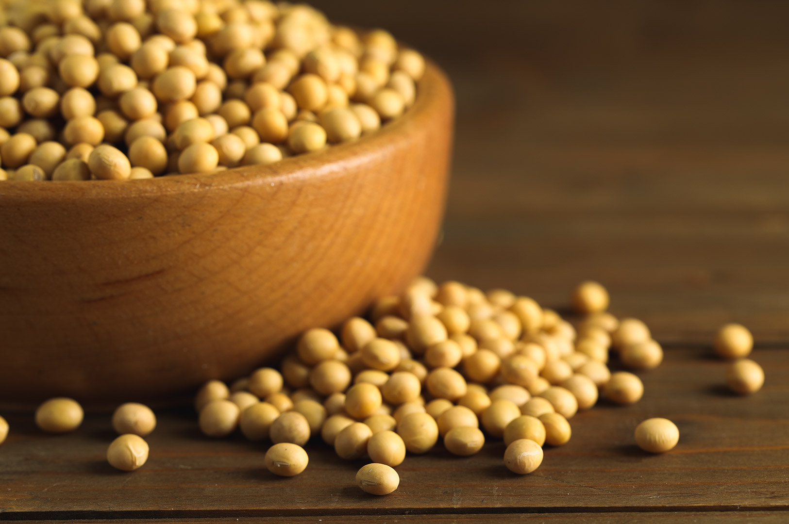 Wooden bowl filled with dry soybeans spilling onto a rustic wooden table.