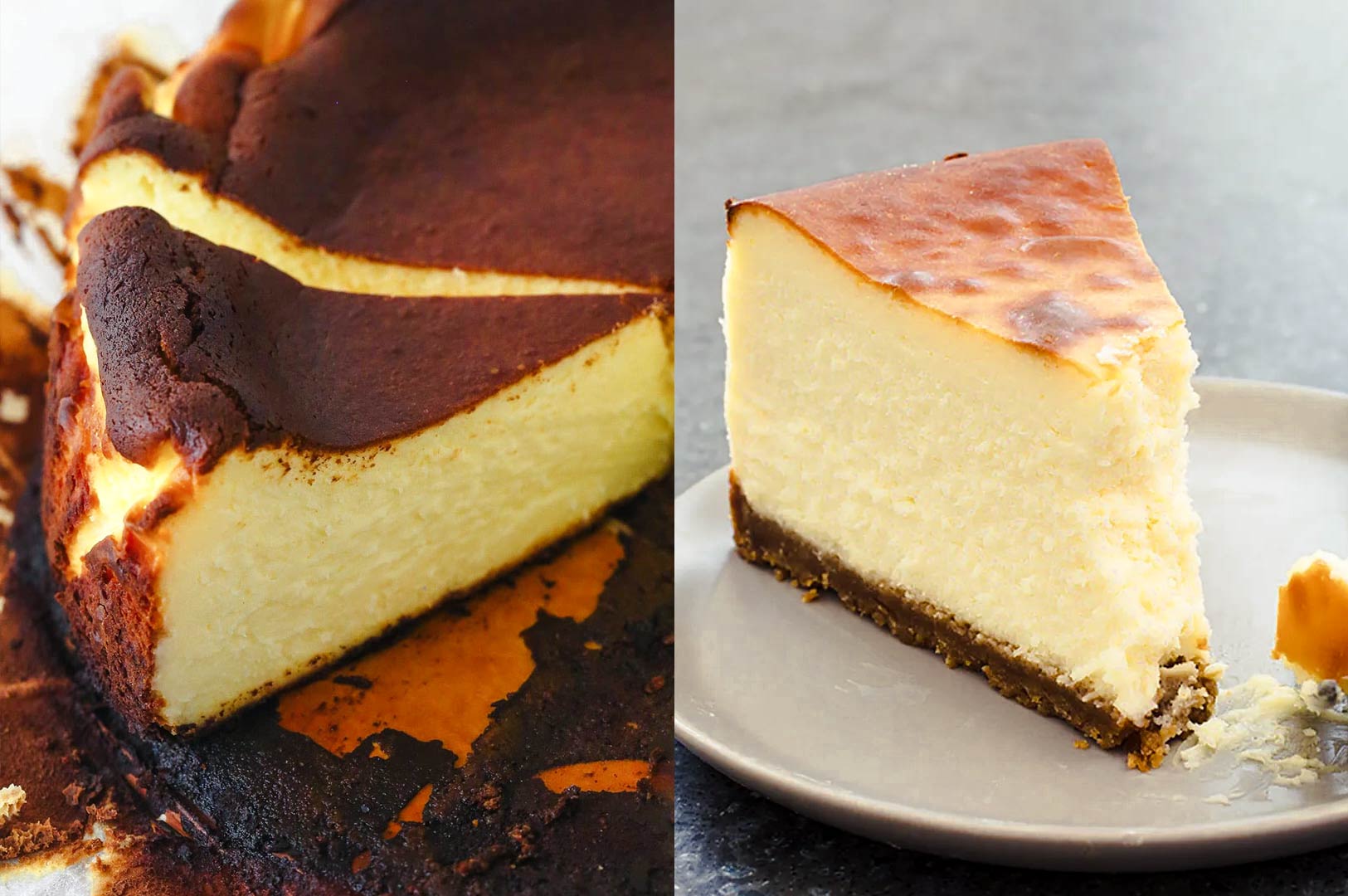 Side-by-side comparison of a dark caramelized Burnt Basque cheesecake and a creamy classic baked cheesecake slice on a plate.