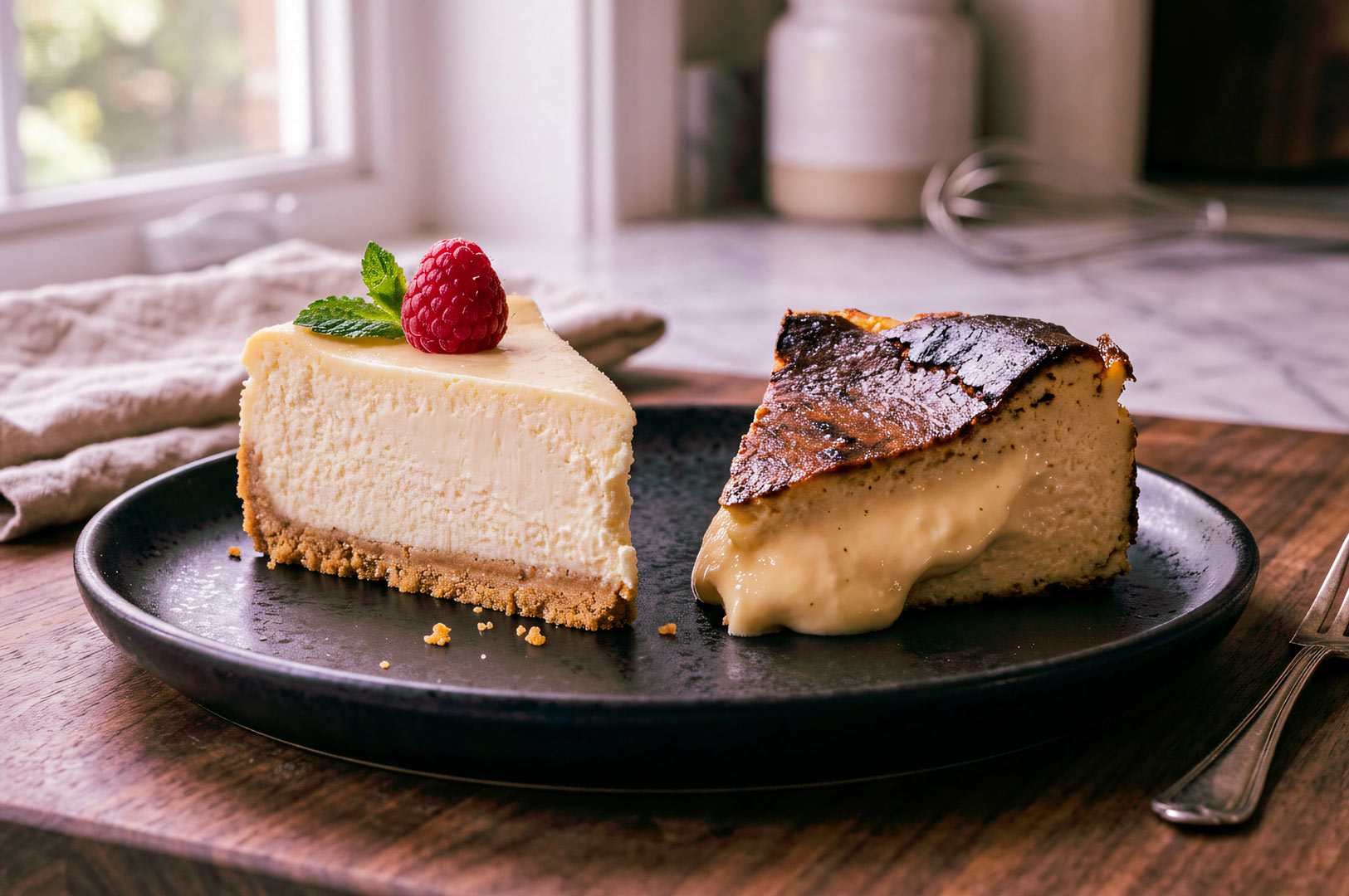 Two slices of cheesecake on a black plate, one classic New York style and one Basque burnt cheesecake.