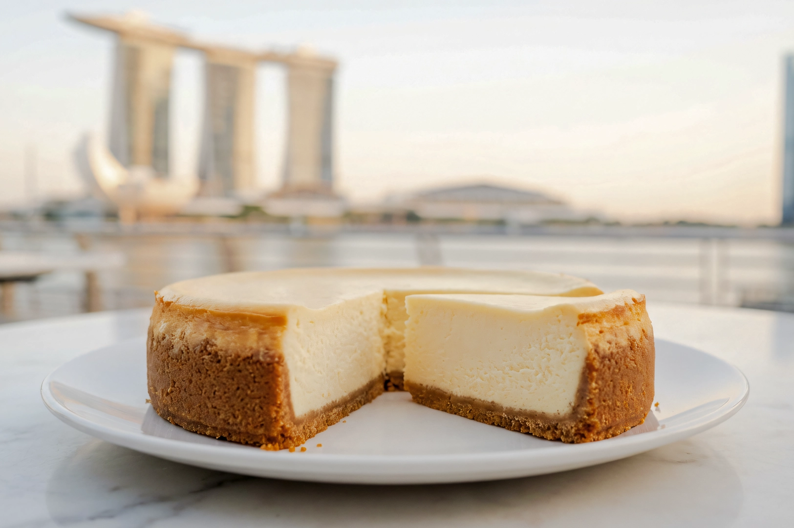 Whole cheesecake with a slice removed on a white plate, photographed outdoors with a city skyline in the background