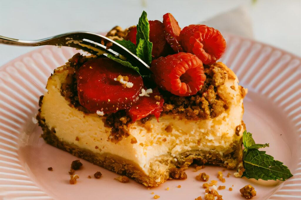 Creamy cheesecake topped with fresh raspberries, sliced strawberries, and crumble, served on a pink plate with a fork
