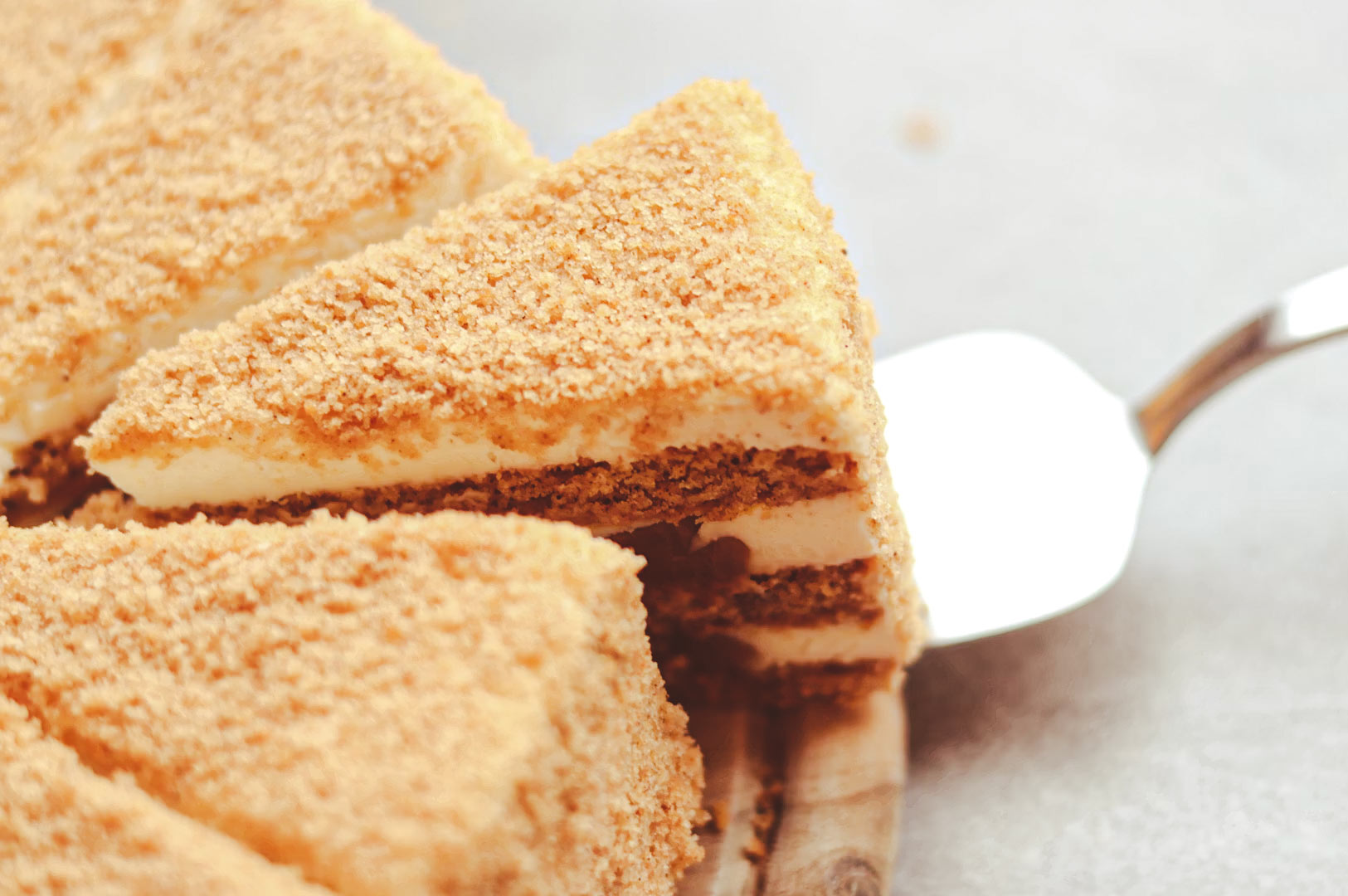 A close-up of a sliced layered cake with a crumb-coated exterior and creamy filling.