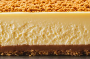 Extreme close‑up cross section of a creamy cheesecake showing a smooth interior layer, dense filling, and crumbly graham cracker crust.