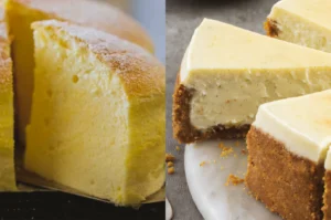 Side-by-side close-up shot comparing a fluffy Japanese soufflé cheesecake and a dense American-style cheesecake, highlighting contrasting textures and crumb structure.