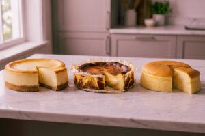 Three different cheesecakes—New York cheesecake, Basque burnt cheesecake, and Japanese cotton cheesecake—displayed on a marble counter.