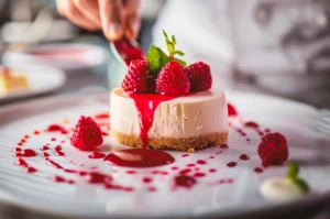 Close-up shot of a creamy cheesecake topped with fresh raspberries as vibrant red berry sauce is poured over the dessert on a white plate, highlighting gourmet plating and texture.
