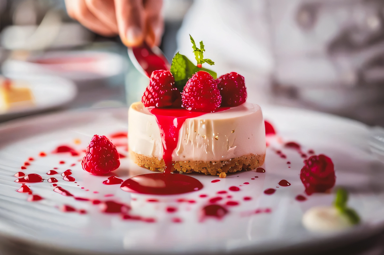 Close-up shot of a creamy cheesecake topped with fresh raspberries as vibrant red berry sauce is poured over the dessert on a white plate, highlighting gourmet plating and texture.