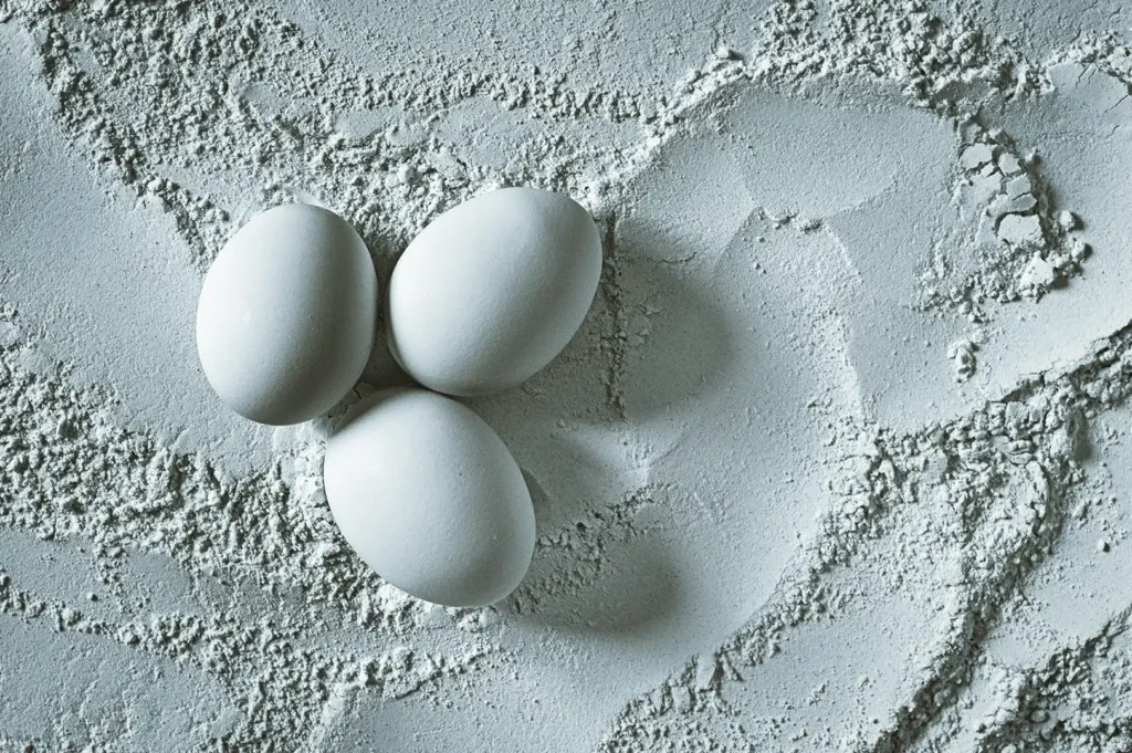 Overhead flat-lay shot of whole eggs arranged on a lightly floured surface, emphasizing raw baking ingredients and preparation for dessert recipes.