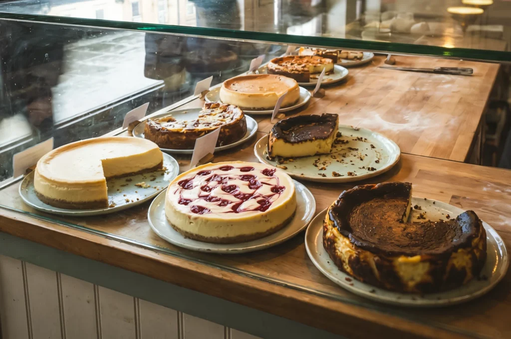 Eye‑level shot of assorted cheesecakes displayed behind a glass counter on a wooden surface, showcasing multiple flavors and styles in a bakery or café setting.