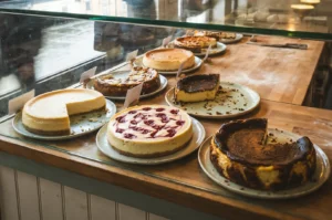 Eye‑level shot of assorted cheesecakes displayed behind a glass counter on a wooden surface, showcasing multiple flavors and styles in a bakery or café setting.