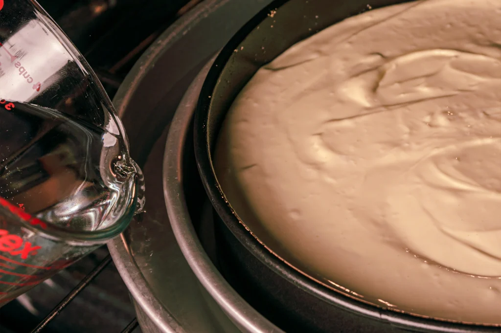New York–style cheesecake batter baking in a round pan set inside a water bath, creating a smooth and creamy baked cheesecake.