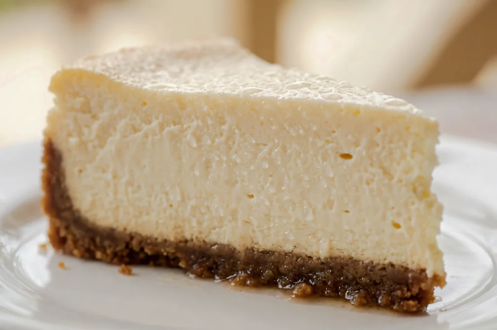 Slice of cheesecake with a soggy graham cracker crust caused by condensation, showing its soft, airy filling on a white plate
