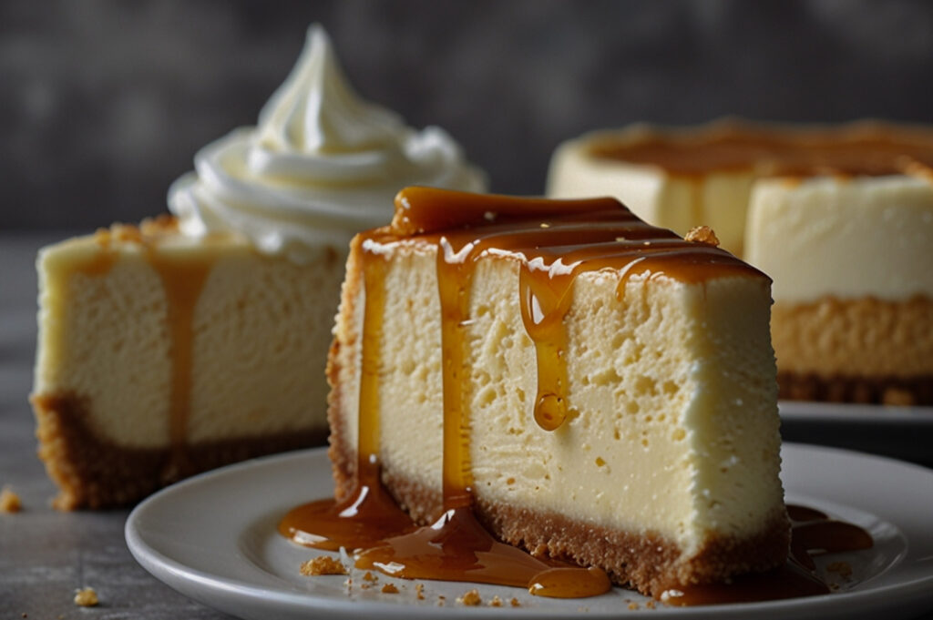 A thick slice of cheesecake with caramel sauce dripping over the top, served on a white plate with another slice in the background.