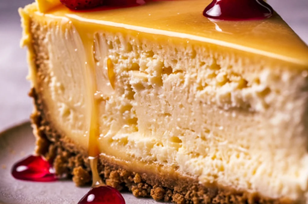 Close‑up of a creamy cheesecake slice with graham cracker crust, topped with fruit sauce dripping down the side