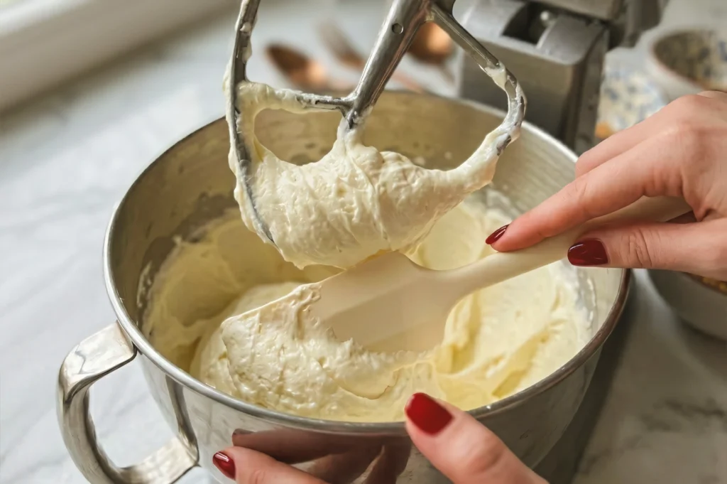 Close‑up of thick and creamy cheesecake batter being mixed in a stainless steel stand mixer with a spatula scraping the sides.