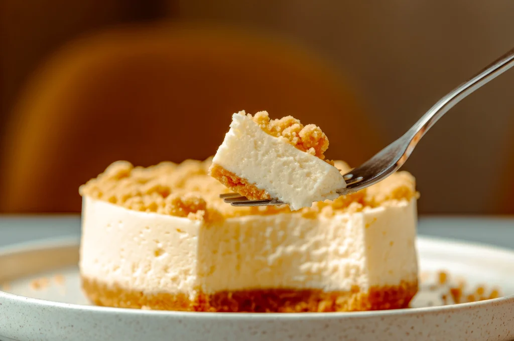 Close‑up shallow depth‑of‑field shot of a fork lifting a creamy cheesecake slice with crumb topping, served on a plate with soft warm lighting.