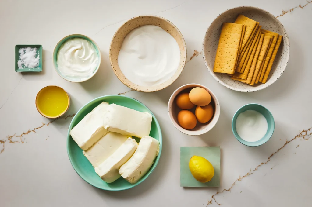 Overhead flat‑lay shot of cheesecake ingredients arranged on a light marble surface, including cream cheese blocks, eggs, sugar, crackers, lemon, oil, and dairy components for baking preparation.