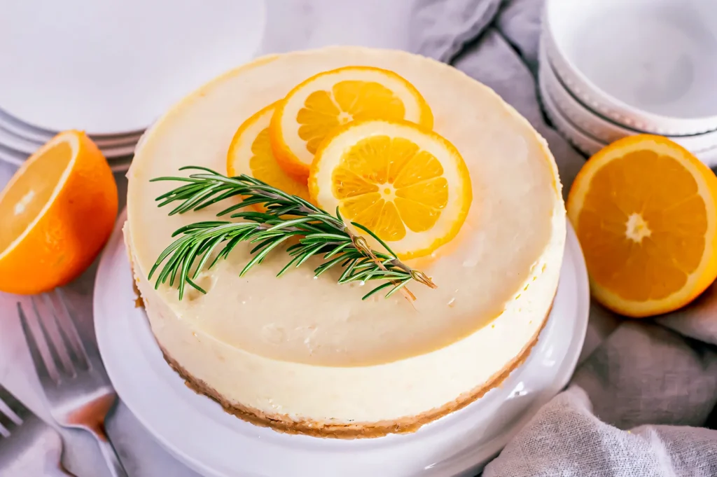 Whole cheesecake garnished with orange slices and rosemary, displayed on a white serving plate.