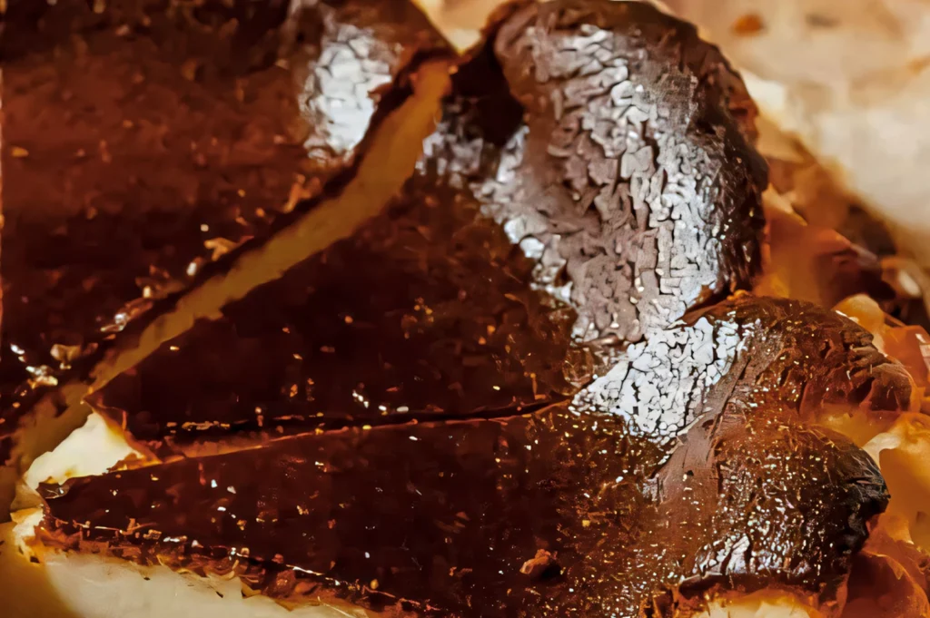 Close-up of the dark, blistered top of a Basque burnt cheesecake, highlighting its signature caramelized surface and rich texture