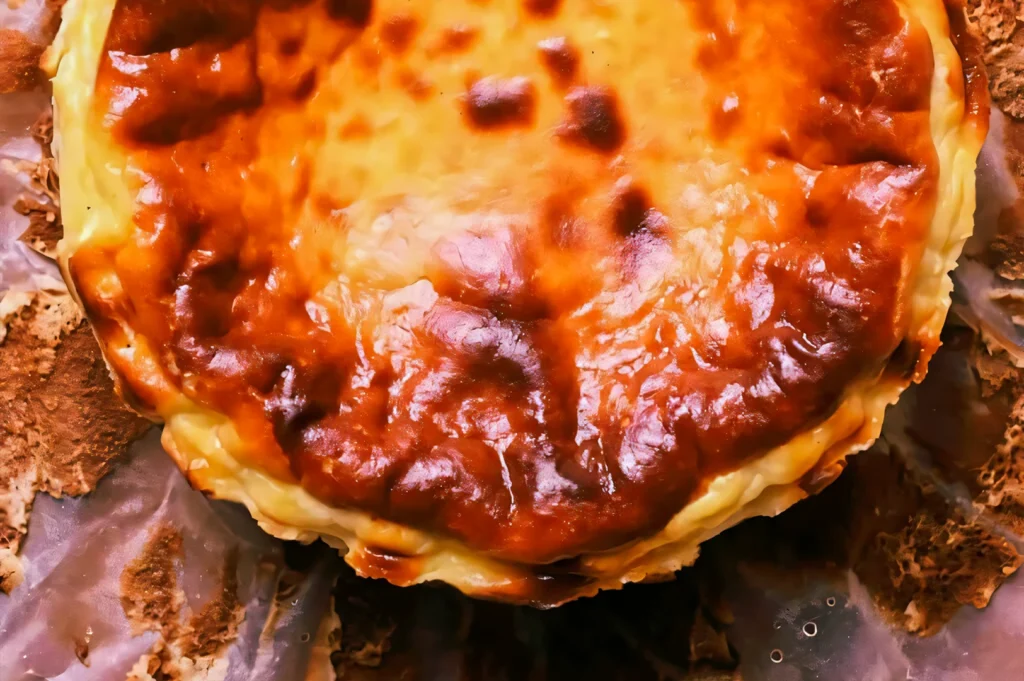 Whole Basque burnt cheesecake with deeply caramelized top cooling on parchment paper after baking.