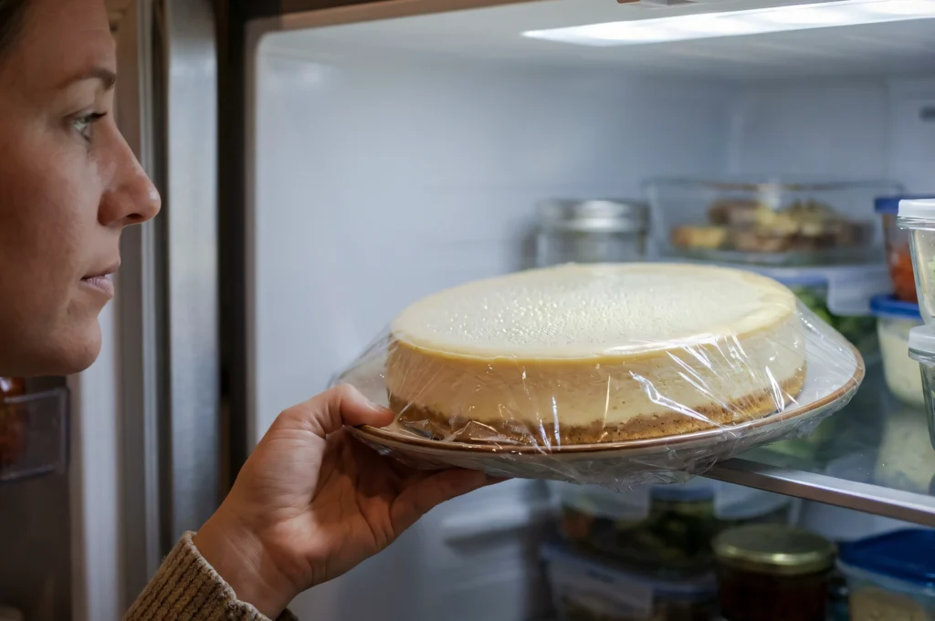 Whole cheesecake wrapped in plastic film being placed on a refrigerator shelf for proper chilling and storage
