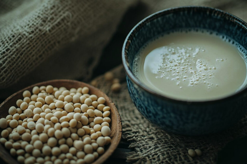 A bowl of fresh soy milk next to a wooden spoon filled with raw soybeans on a rustic fabric background.