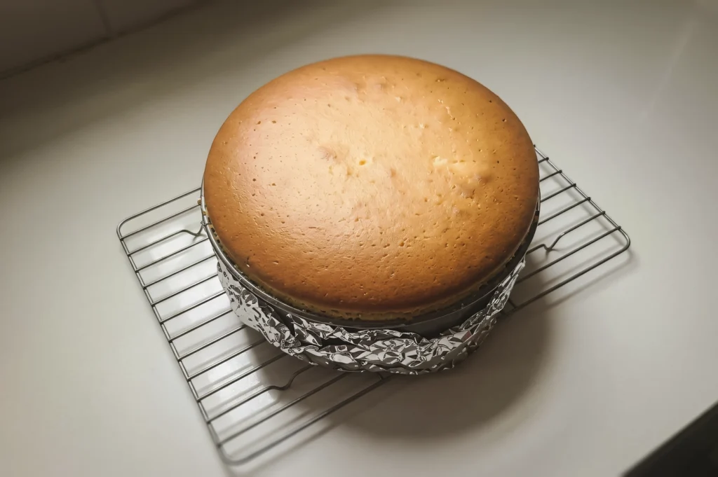 High-angle shot of a freshly baked cheesecake cooling on a wire rack, showing a smooth golden surface and foil-wrapped pan on a clean kitchen countertop.