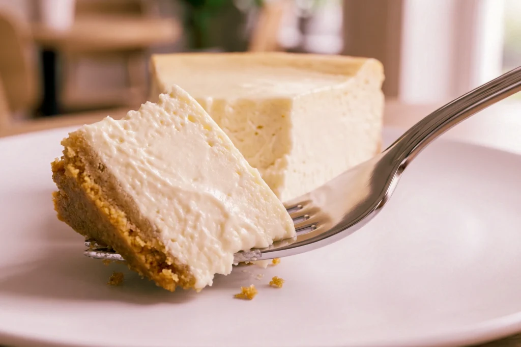 Close‑up of a fork holding a creamy New York–style cheesecake bite with smooth filling and buttery graham cracker crust