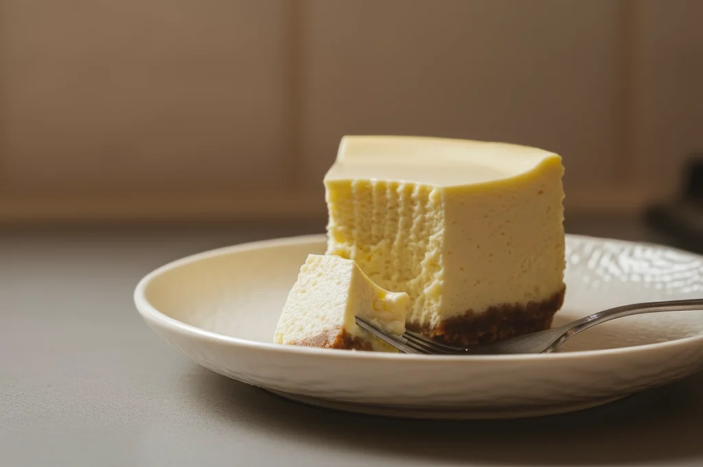 Side view of a classic cheesecake slice on a white plate with a fork, showing a smooth creamy interior and firm crust.