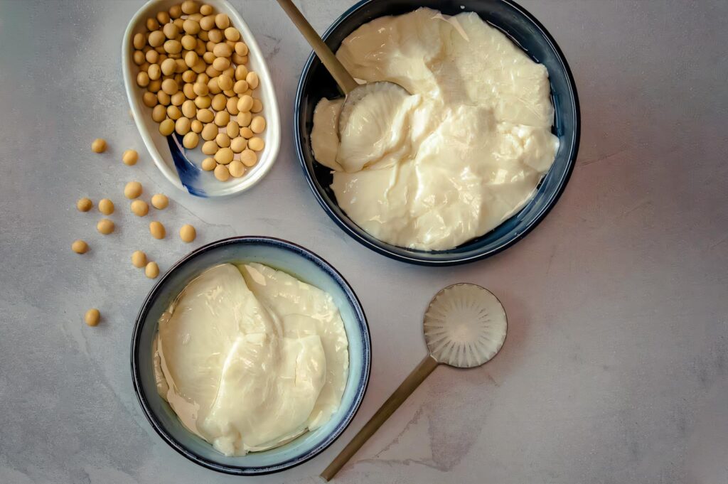 Bowls of fresh soy curd and whole soybeans arranged on a light countertop, highlighting plant‑based dairy ingredients