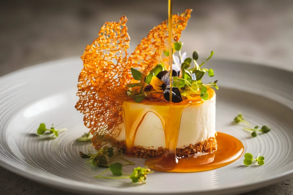 Eye-level shot of an elegant cheesecake garnished with caramel drizzle, edible flowers, microgreens, and delicate sugar crisps, presented on a white plate with refined fine dining styling.