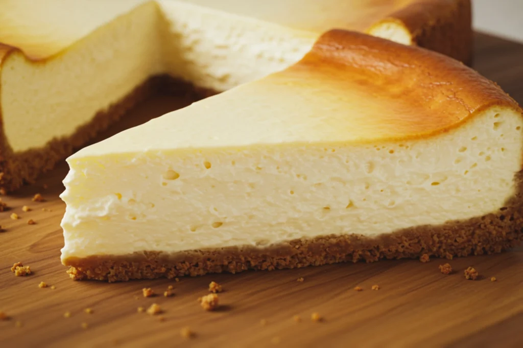 Close-up side-angle shot of a classic baked cheesecake slice with a smooth creamy interior and golden top, resting on a wooden board with visible crumb texture.