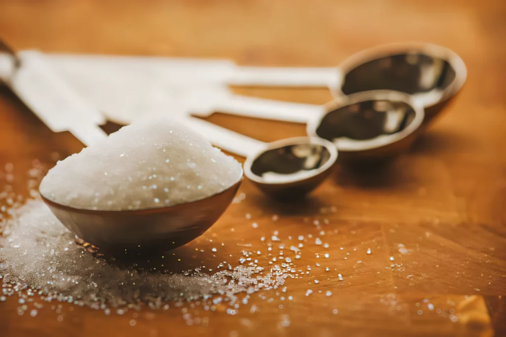 Close‑up angled shot of granulated sugar measured in nested spoons on a wooden table, highlighting precise ingredient measurement for dessert and baking recipes.