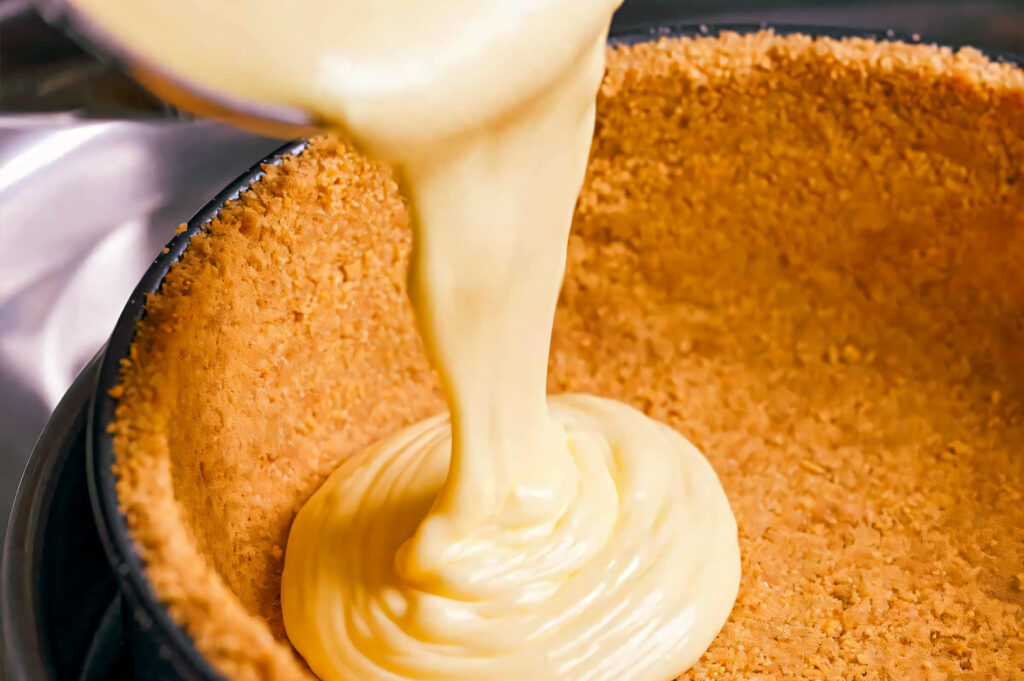 Creamy cheesecake filling being poured into a graham cracker crust inside a springform pan.