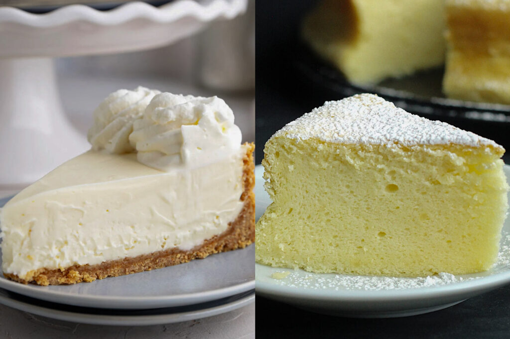 Side‑by‑side comparison of two cheesecake slices: a creamy classic cheesecake with whipped topping and a light, fluffy sponge‑style cheesecake dusted with powdered sugar