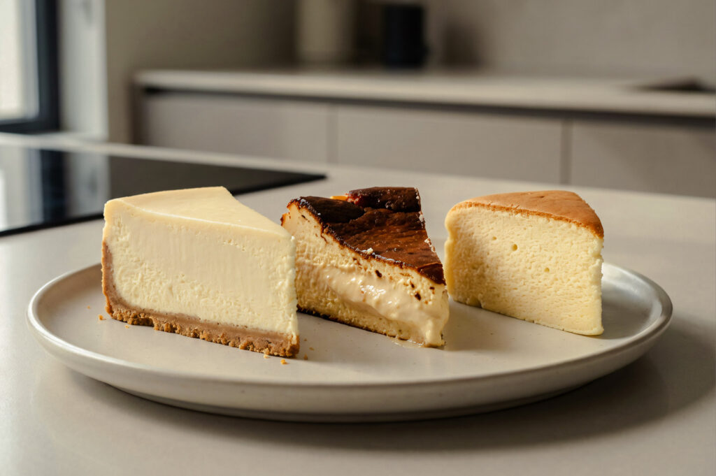 Three varieties of cheesecake—classic New York cheesecake, Basque burnt cheesecake, and Japanese souffle cheesecake—displayed on a neutral plate