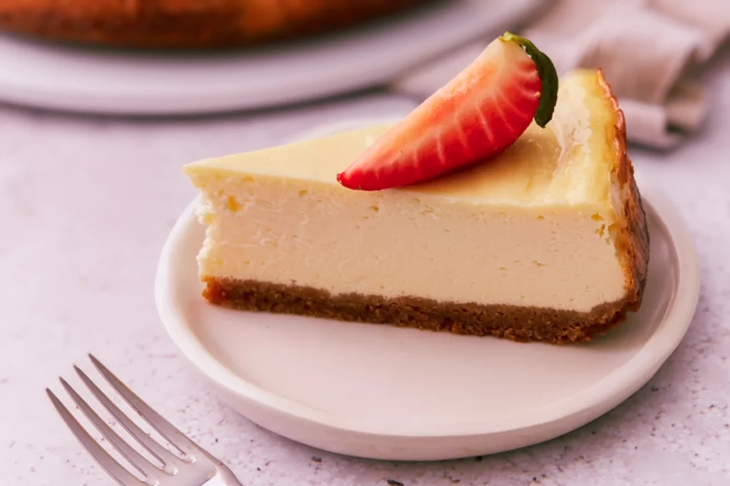 Classic cheesecake slice on a white plate topped with a fresh strawberry, ready to serve