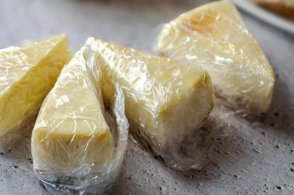 Individual cheesecake slices wrapped tightly in plastic wrap, arranged on a light-colored surface for storage or freezing