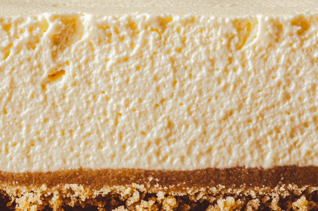 Extreme close-up of creamy cheesecake showing its smooth, airy texture and crumbly graham cracker crust