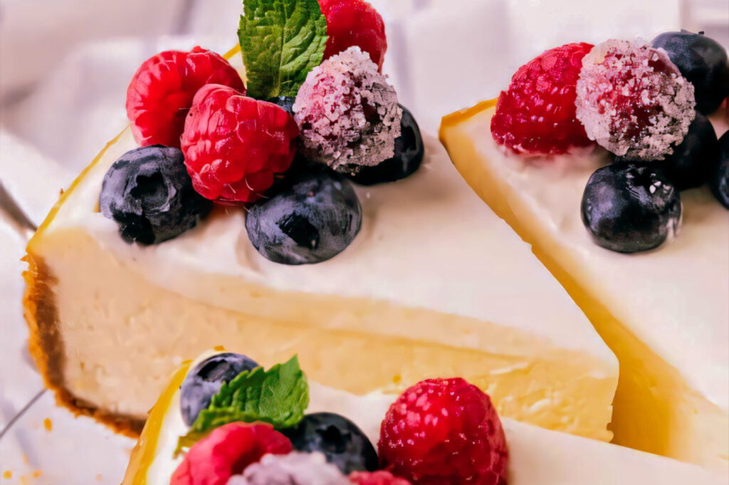 Cheesecake topped with fresh raspberries, blueberries, and mint leaves on a bright serving platter.