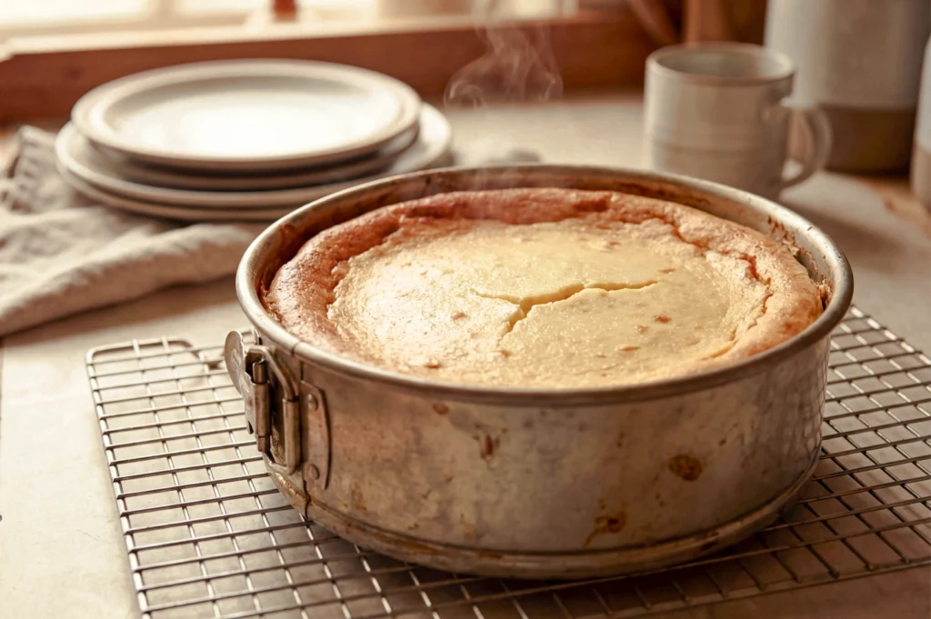 Eye-level kitchen shot of a whole baked cheesecake resting in a springform pan on a cooling rack, with plates and mugs in the background, showcasing the cheesecake resting period before slicing.
