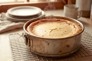 Eye-level kitchen shot of a whole baked cheesecake resting in a springform pan on a cooling rack, with plates and mugs in the background, showcasing the cheesecake resting period before slicing.