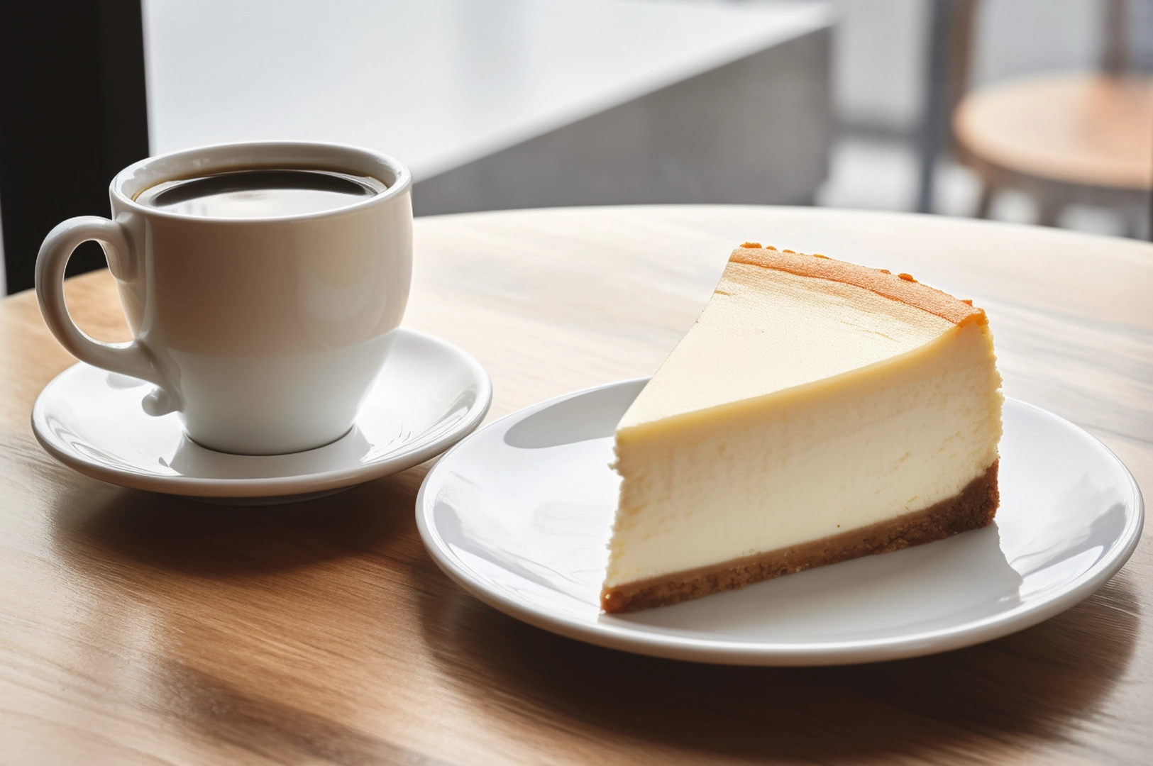 Three-quarter close-up café table shot of a classic cheesecake slice with smooth creamy layers on a white plate beside a cup of black coffee, set on a wooden table with soft natural light highlighting café dining ambiance.