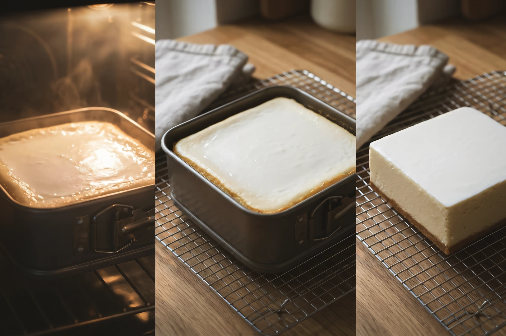 Composite three-panel sequence shot showing a soy cheesecake at different stages: Left image features an eye-level oven interior view of soy cheesecake baking in a square pan with a glossy, lightly set surface; Middle image shows a three-quarter overhead shot of the soy cheesecake cooling in the pan on a wire rack with a smooth, firm top; Right image displays a top-down overhead view of the finished soy cheesecake removed from the pan, highlighting clean edges, dense structure, and dairy-free texture.