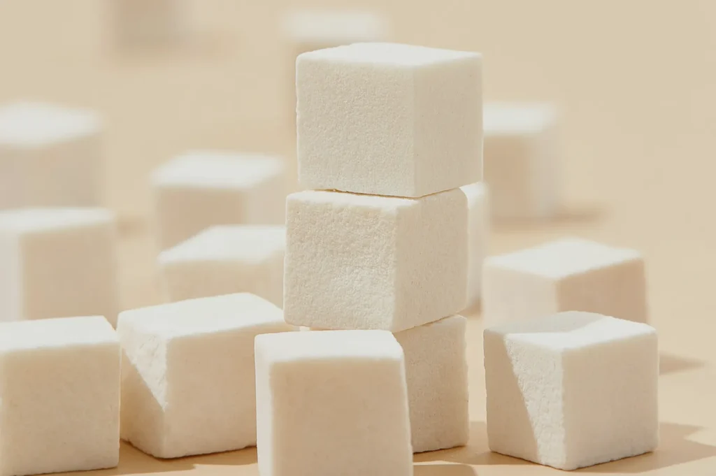 Close-up of neatly stacked sugar cubes on a soft beige background. The cubes' smooth texture and warm lighting create a clean, minimalist aesthetic.