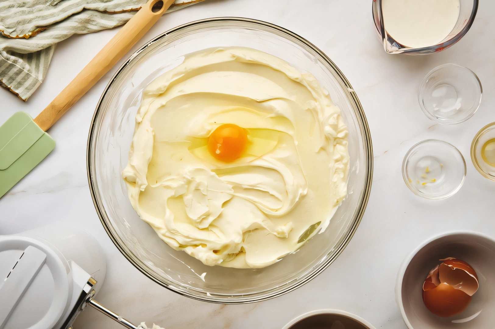 Top-down overhead shot of a glass bowl filled with cheesecake batter and a cracked egg, surrounded by baking ingredients on a white countertop.
