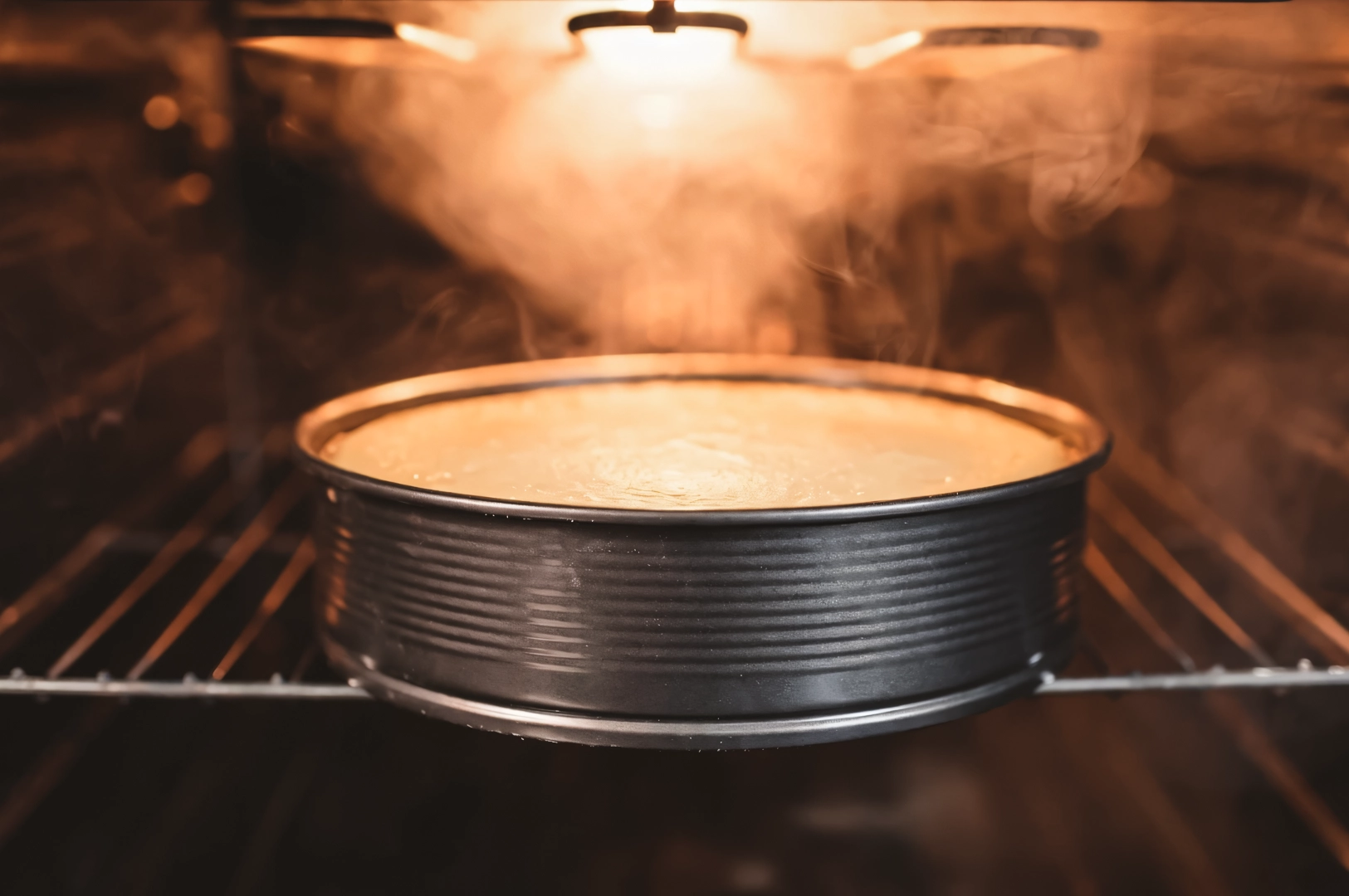 Eye-level close-up of a cheesecake baking inside an oven in a water bath, with steam rising around the cake to show gentle, even heat distribution.
