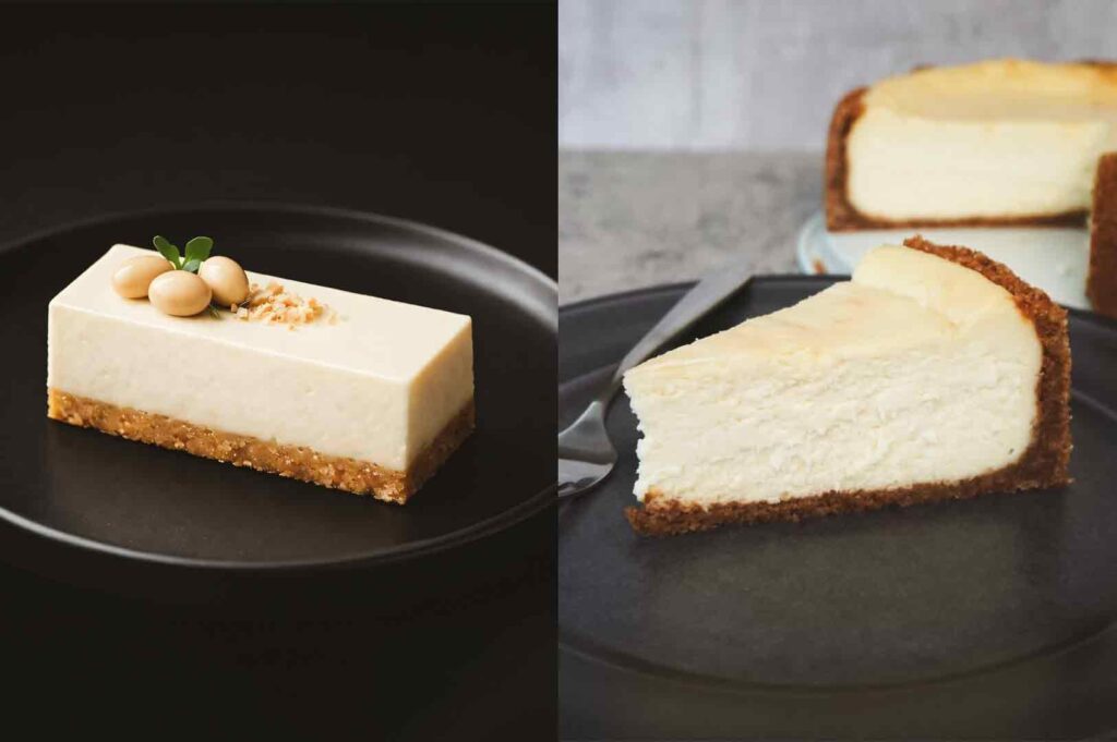 Left: Close-up, three-quarter angle view of a rectangular slice of soy cheesecake placed on a matte black plate against a dark background, featuring a smooth, pale cream surface, a compact crumb base, and minimal garnish on top including light-colored beans, a small green sprig, and fine crumbs, with soft directional lighting highlighting the clean edges and creamy texture. Right: Close-up, three-quarter angle view of a New York–style cheesecake slice on a dark plate, showing a thick, creamy interior with a golden-brown crumb crust along the base and sides, a metal fork resting beside the slice, and a larger cheesecake partially visible in the background on a light surface, lit with natural, diffused lighting that emphasizes the dense texture and subtle surface cracks.